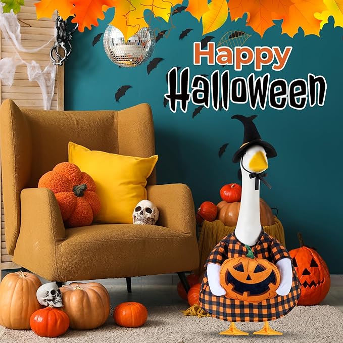 Sanwuta 1 Set Halloween Porch Goose Outfit Pumpkin Pillow Design with Hat for 23" Lawn Cement Goose Porch Geese Clothes Costume for Halloween Garden Patio Yard Outdoor Decorations