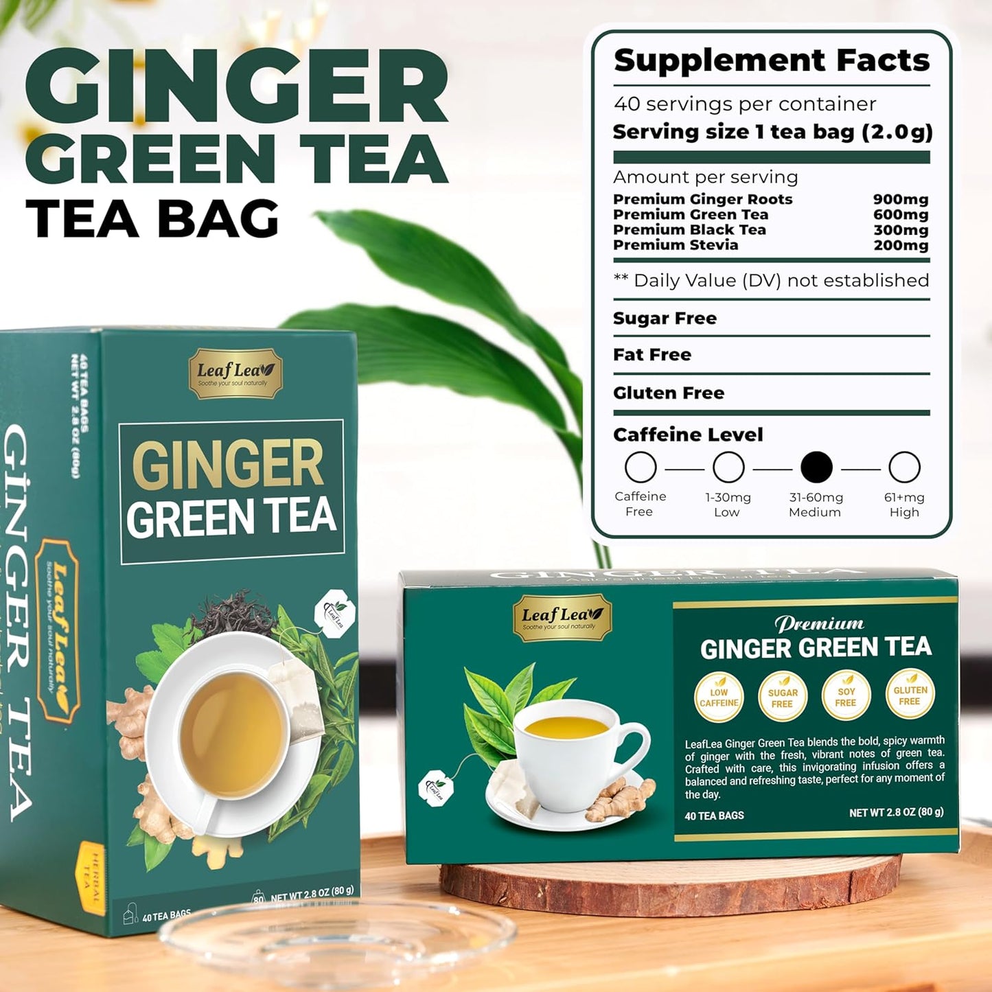 LeafLea Ginger Green Tea, 40 Individually Wrapped Tea Bags of Soothing Green Tea Blend with Natural Ginger Root, Sweetened with Stevia, Supports Digestion and Immunity, Low Caffeine, Sugar-Free
