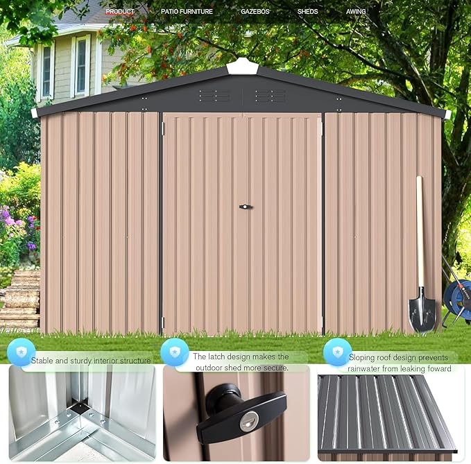 U-MAX 10x14 Outdoor Storage Shed, Large Metal Outside Storage Garden Sheds & Outdoor Storage Shed Clearance, Tool Shed Lockable for Backyard, Patio and Outside Use in Gray