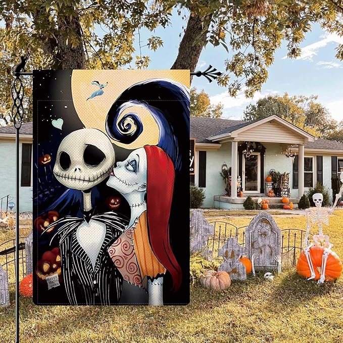 Halloween Ghost Garden Flag The Nightmare Garden Flag Sally Kisses Jack Vertical Double Sided Rustic Farmland Burlap Yard Lawn Outdoor Decor 12.5x18"