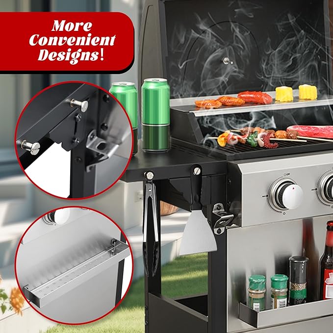 3-Burner Propane Gas Grill with 2 Foldable Side Tables, 25,650 BTU Outdoor BBQ Grill with Porcelain-Enameled Flame Tamers, Built-in Thermometer, Easy Assembly for Patio, Backyard BBQ