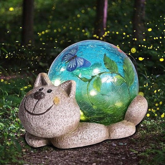 Afirst Solar Garden Statues Outdoor Figurines - Cat Lawn Ornament with Solar Lights Cracked Glass Outdoor Decor for Patio Yard Decorations