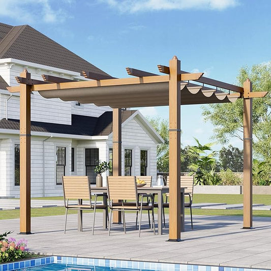 10x10 Ft Outdoor Retractable Pergola with Adjustable Roof Modern Metal Patio Gazebo, Upgraded Faux Wood Grain Aluminum Pergola for Deck, Backyard Gardens, Porches, Grapevines, Khaki