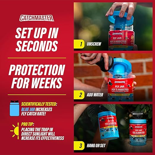 Catchmaster Reusable Fly Trap Outdoor Jar Refill 3-Pack Bait, Bug Catcher and Flying Insect Trap Natural Attractant Refill for Pest Control, Pet Safe, Bulk Fly Traps Bait