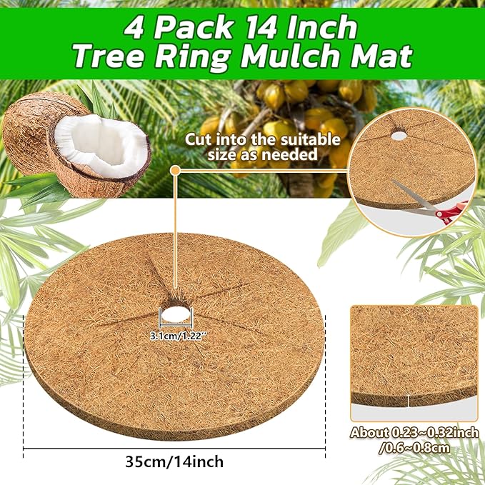 Legigo 4pcs Coconut Fiber Mulch Ring Tree Plant Protector Mat, 14 Inch Natural Coco Coir Tree Protection Ring Plant Pot Soil Cover, Tree Rings Disc Plant Cover for Indoor Outdoor Plants,Landscaping