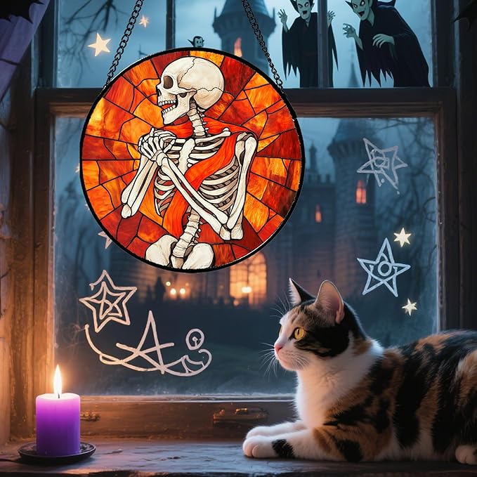 Stained Glass Window Hanging - Halloween Decorations Fear Skeleton Suncatcher for Doors Garden Indoor Spooky Funny Sun Catchers Gothic Decor Horror Gifts for Women Men Friend 6.3 in
