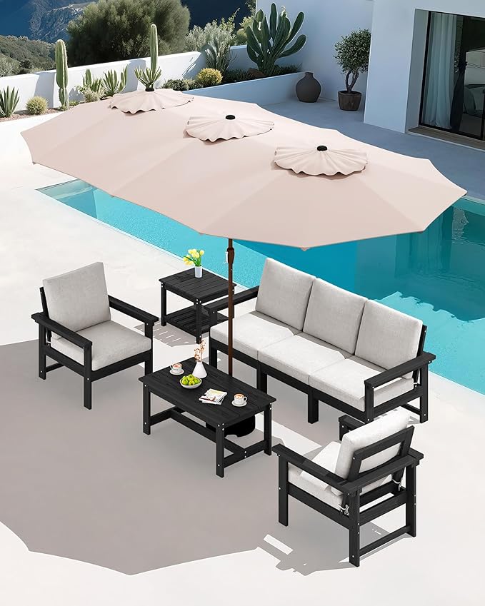 SERWALL HDPE Patio Furniture Set with 15FT Double Side Patio Umbrella, 7-Piece Outdoor Modular Sectional Sofa Set, All Weather Patio Couch Set for Deck, Black & Beige（Umbreall Base not Included）
