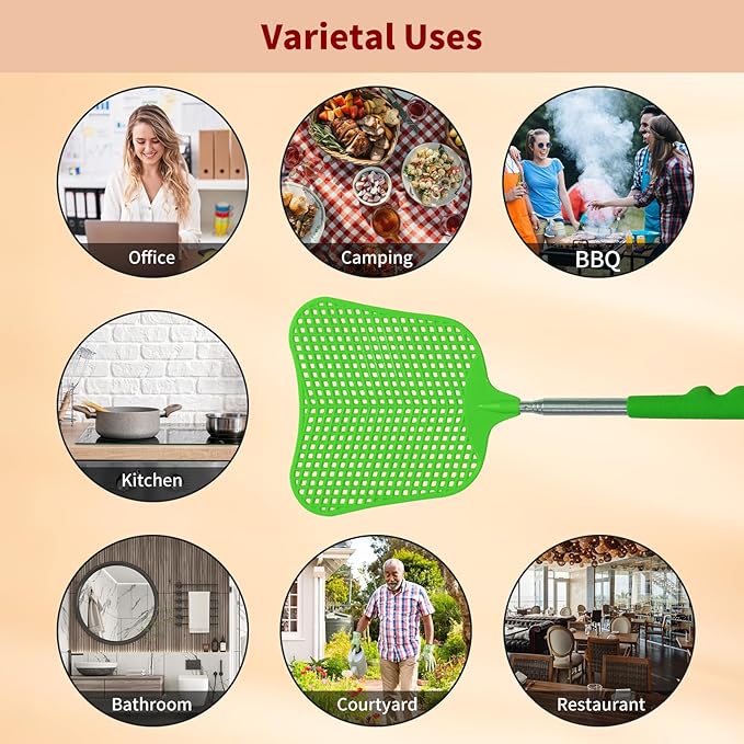 Fly Swatters 2 Pack Green, Durable Telescopic Stainless Steel Handle, Heavy Duty Upgraded Plastic Fly Swatter Set for Indoor Outdoor Home Hiking Camping Garden