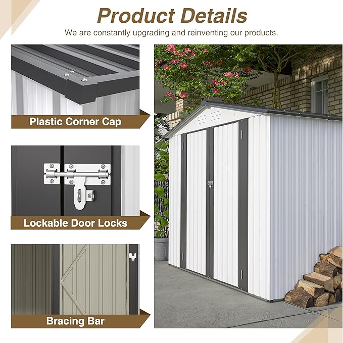 Outdoor Storage Shed, 8x6 FT Galvanized Steel Metal Shed, Lockable Waterproof Tool Storage Sheds for Garden, Patio, Lawn – Durable Storage Solution in Multiple Sizes