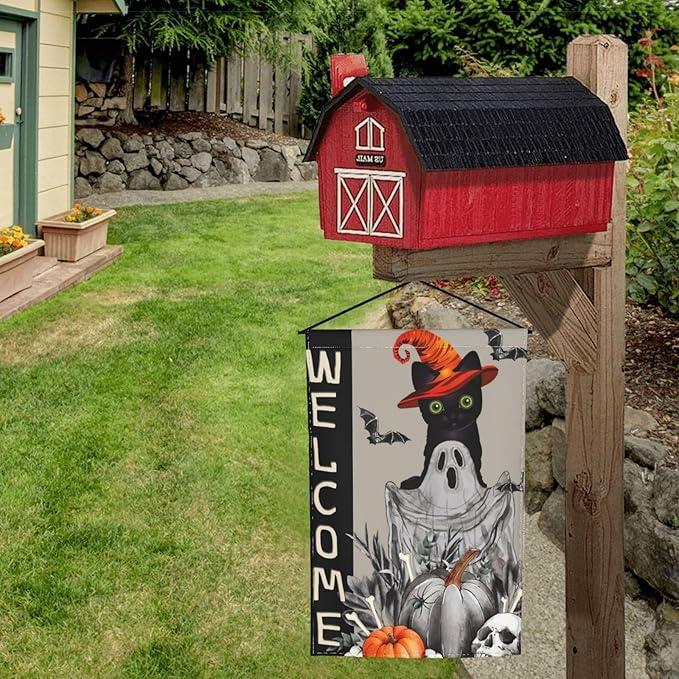 Halloween Ghost Cat Boo Pumpkin Skull Bat Garden Flag Welcome Party Outdoor Outside Decorations Picks Home House Garden Yard Decor 12x18 Inch