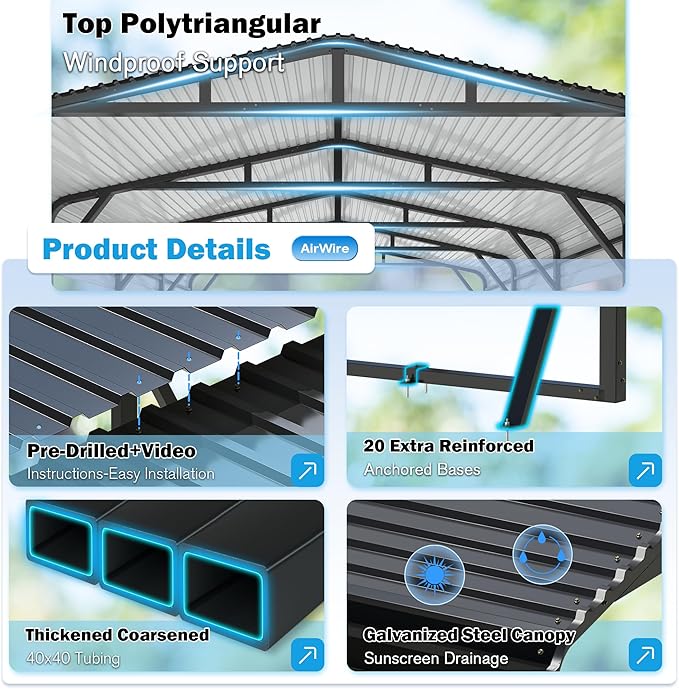 Carport Canopy 20’X40’ Heavy Duty Car Port Galvanized Steel Roof, Reinforced Stable Triangle Frame for Snowy Windy Metal Carports Enhanced Base Car Tent for Car,RV,Pickup,Boat,Truck,Tractor