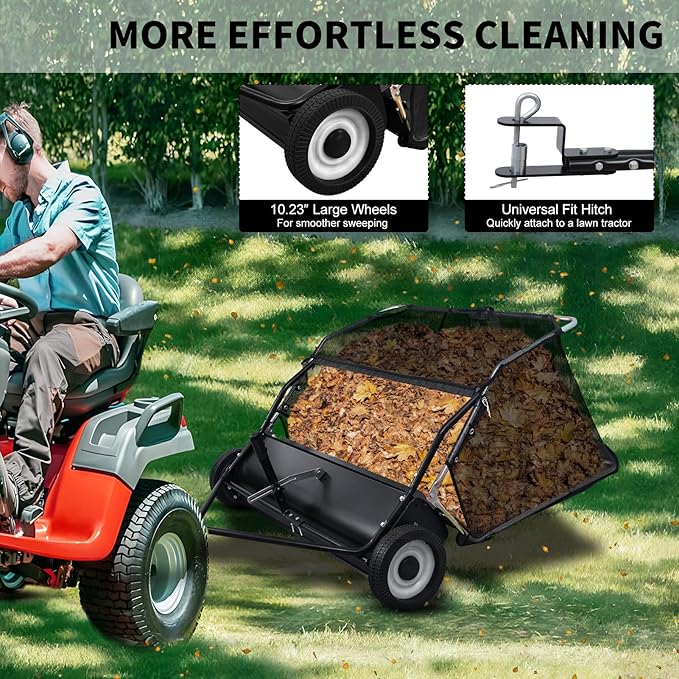 44" Tow-Behind Lawn Sweeper, 25 cu.ft Hopper Bag Capacity; Leaf & Grass Catcher, with Adjustable Sweeping Height, Dumping Rope Design for Picking Up Debris and Grass