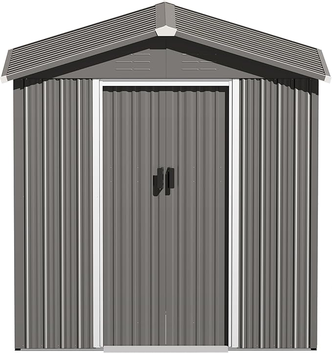 Nuu Garden 6 x 4 FT Outdoor Storage Shed with Sliding Doors, Galvanized Sheet Outdoor Shed with Sloping Roof, Anti-Corrosion Garden Shed with Air Vents for Backyard Patio Lawn, Gray