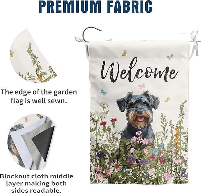 Spring Summer Garden Flag Floral Schnauzer Yard Flag Flower Dog Garden Flags for Outside Small Outdoor Welcome Flags 12x18 Double Sided