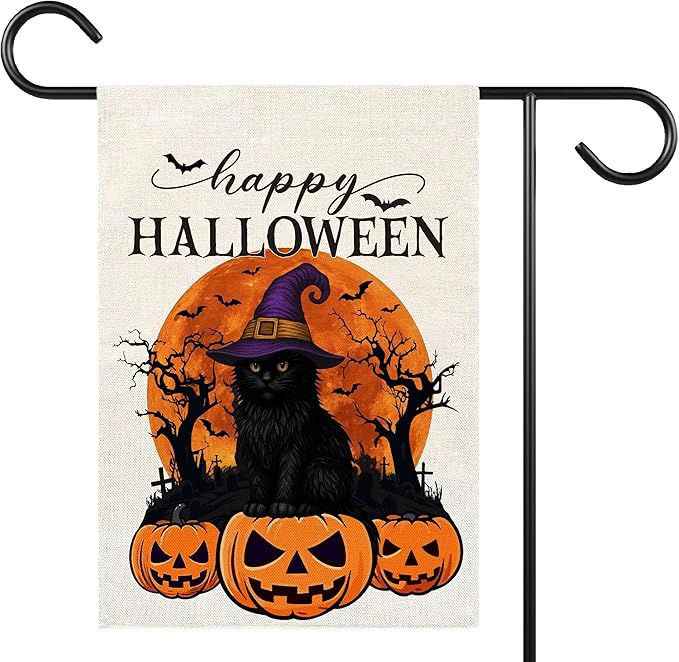 Happy Halloween Garden Flag for Outside, 12x18 Inch Double Sided Halloween Black Cat Witches Hat Pumpkin Bats Yard Flag, Farmhouse Small Yard Flags for Outdoor Decorations, Holiday Decor Gifts-A06