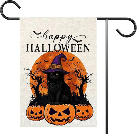Happy Halloween Garden Flag for Outside, 12x18 Inch Double Sided Halloween Black Cat Witches Hat Pumpkin Bats Yard Flag, Farmhouse Small Yard Flags for Outdoor Decorations, Holiday Decor Gifts-A06