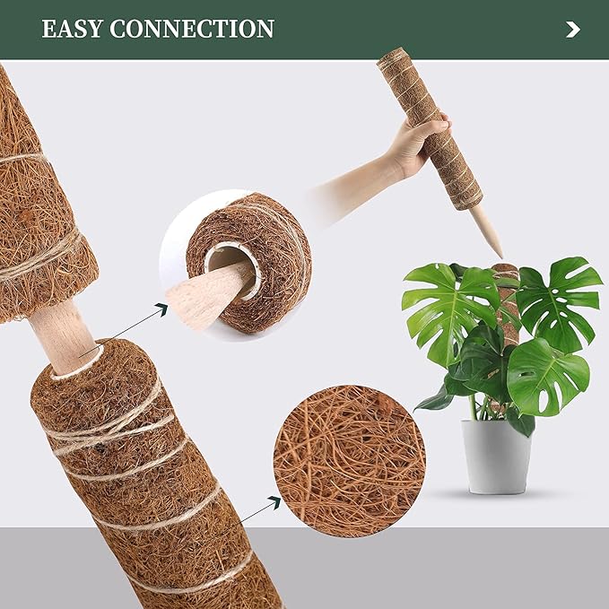 Decoroca 48.81 Inches Coir Totem Pole - 4 Pcs 16 Inchs Moss Pole Plant Stick with 100 FT Garden Twist Ties, for Monstera Plant Creepers Plant Support Extension, Climbing Indoor Plants