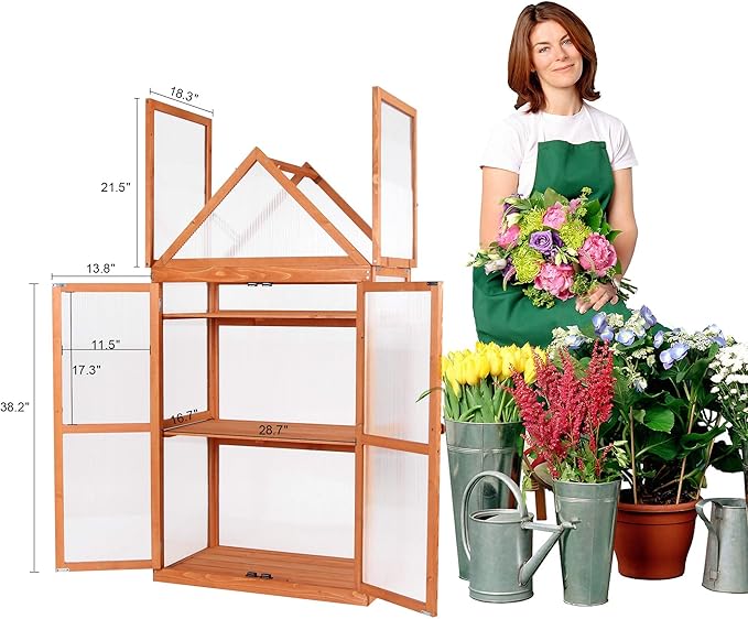 MCombo Greenhouse Cold Frame Wooden Garden Raised Flower Planter Shelf with Hard Translucent PC Protection, 0800 (Orange)