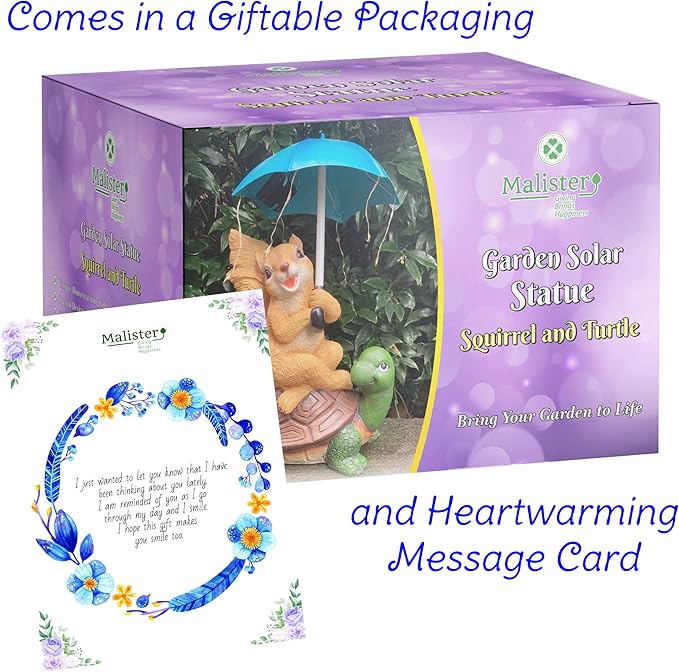 Malister Solar Garden Statue Outdoor Decor - Squirrel Siting on Turtle Statue with String Lights Umbrella for Patio, Garden Decor Garden Art Outdoor Lawn Decor Yard Art, Housewarming Garden Gifts