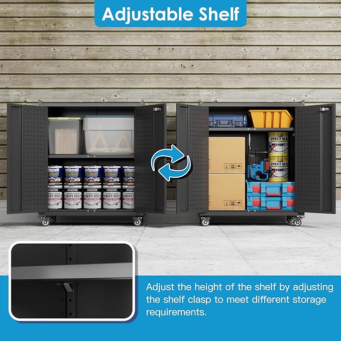 Metal Tool Cabinets with Pegboard and Hooks,Garage Storage Cabinet with Wheels and 2 Lockable Doors for Garage, Home, Office,Assembly Required,Black,13.8" D x 26" W x 34.3" H