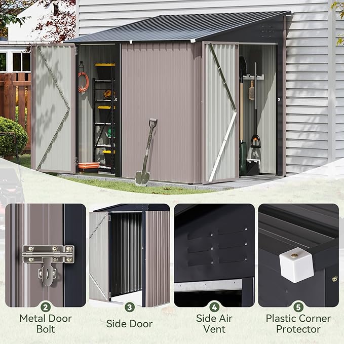 Aoxun 7x5 FT Lean to Shed Garden Metal Storage Shed with Lockable Doors Outdoor Bike Shed for Backyard, Patio, Poolside (Brown)