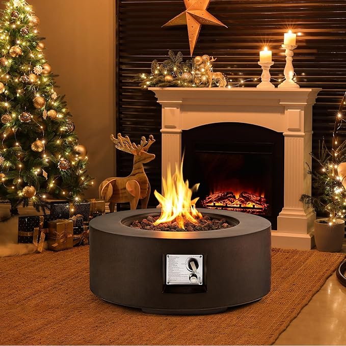 ECOTOUGE Round Gas Fire Pit, 30 Inch Outdoor Propane Firepit Table, Steel Fire Table w/50,000 BTU Auto-Ignition, Weather-Resistant Pit Cover, Lava Rocks, No Tank Holder, Brown