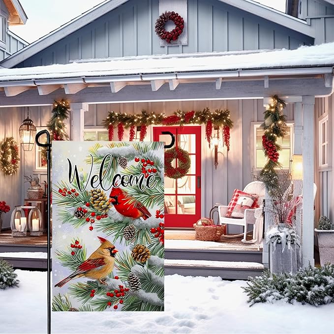 Welcome Winter Garden Flag Christma Cardinal Birds Yard Flag Red Bird Berry Trees Pine Snow Vertical House Banner Pinecone Garden Flags for Xmas Rustic Farmhouse 12x18 Inch