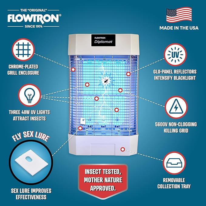 Flowtron Indoor Bug Zapper | Electric Fly & Insect Killer with 120W UV Light, Pheromone Lure Attractant, Shock Kill Grid & Reflector Panels | 2000 Sq Ft for Kitchen, Restaurant & Barn, UL Certified