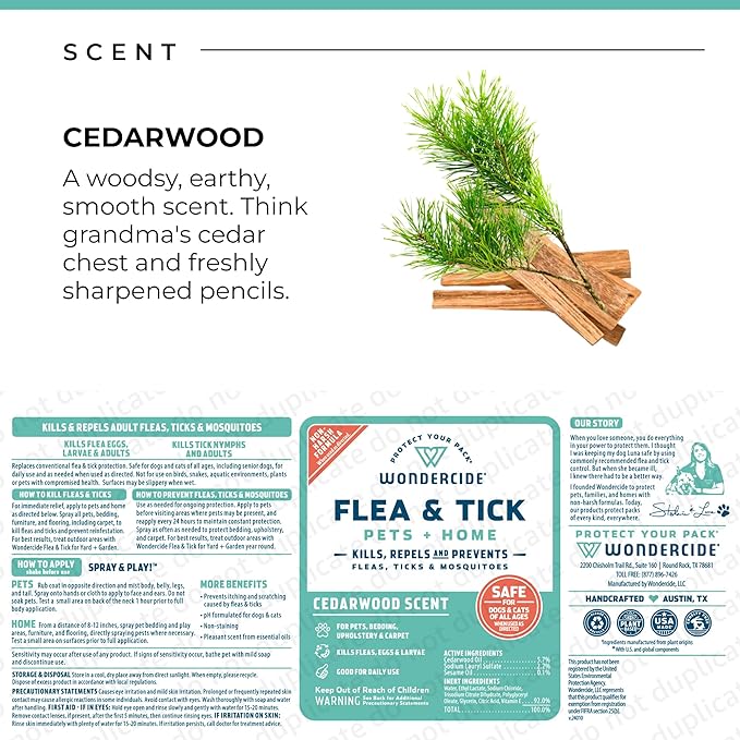 Wondercide - Flea, Tick & Mosquito Spray for Dogs, Cats, and Home - Tick Killer, Control, Prevention, Treatment - with Natural Essential Oils - Pet and Family Safe - Cedarwood 16 oz