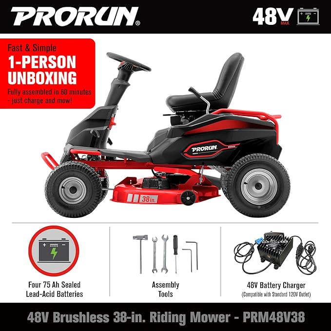 48V 38-in. Steel Deck Brushless Riding Lawn Mower with 75 Ah Battery and Charger
