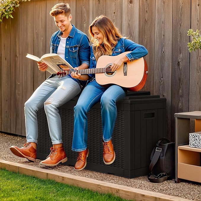 Greesum 100 Gallon Resin Deck Box Large Outdoor Storage with Cushions for Patio Furniture, Garden Tools, Pool Supplies, Weatherproof and UV Resistant, Lockable, Black