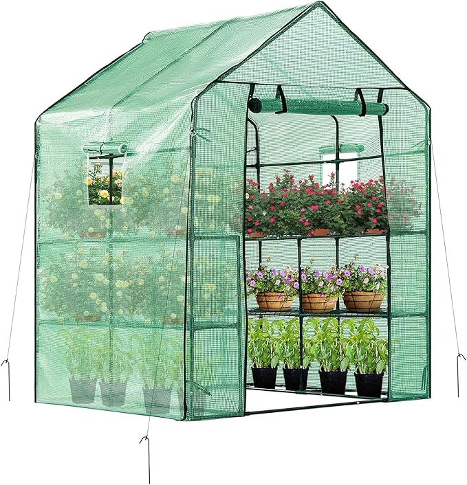 VIVOSUN 57x57x77 Inch Mini Walk in Green House with Window and Anchor, Plant Garden Hot House 2 Tiers 8 Shelves, 4.7 x 4.7 x 6.4 FT