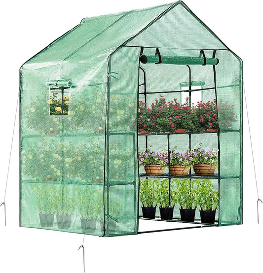 VIVOSUN 57x57x77 Inch Mini Walk in Green House with Window and Anchor, Plant Garden Hot House 2 Tiers 8 Shelves, 4.7 x 4.7 x 6.4 FT
