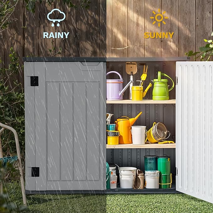 DWVO 47 cu ft Spacious Horizontal Storage Unit, Outdoor Resin Tool Locker Without Shelf, Waterproof Lockable Container with Base for Gardening, Waste Bins, Grass Cutter, 4.5x2.8x3.9 ft, Light Gray