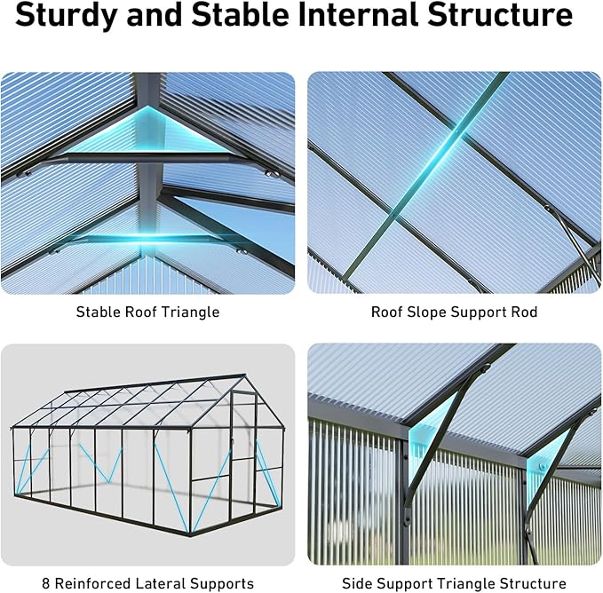8x14FT Greenhouses for Outdoors, Polycarbonate Green House with UV Protection, Heavy Duty Greenhouse with Windproof Aluminum Frame, Roof Vent & Quick-Install Design for Backyard or Garden Use