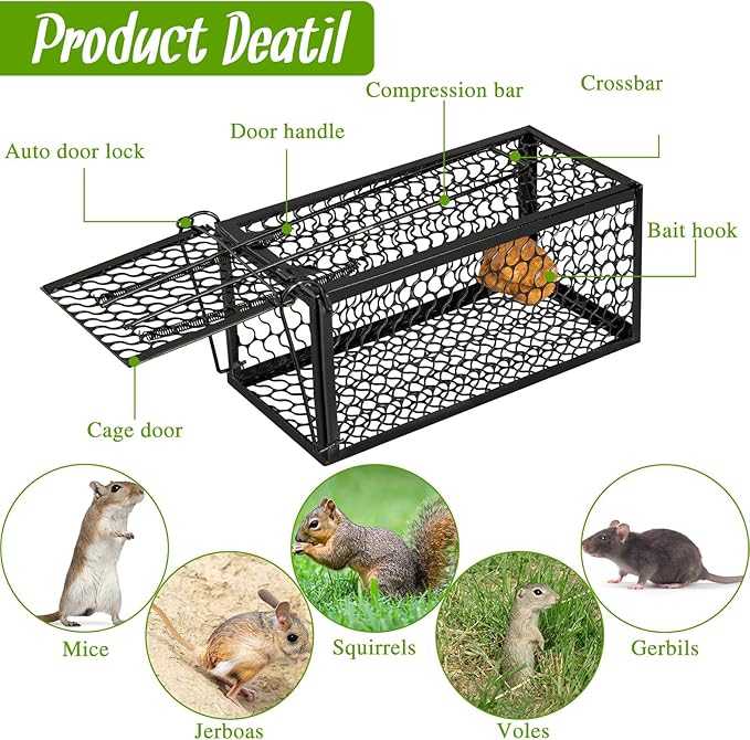 Qualirey 1 Pcs Humane Rat Trap Chipmunk Rodent Mouse Squirrel Trap Small Live Animal Mouse Voles Hamsters Live Cage Rat Cage for Mice Easy to Catch and Release (Black)