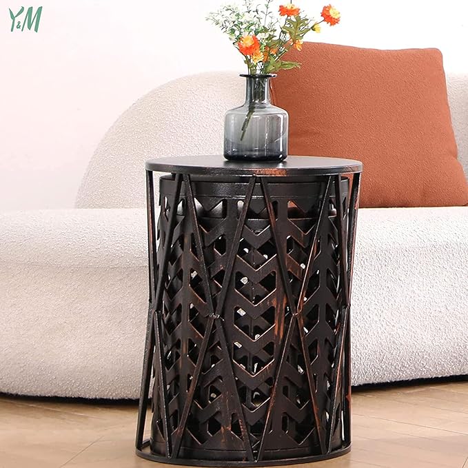 Y&M Set of 3 Heavy-Duty Round End Table, Side Table, Coffee Table for Indoor Multifunctional Use, Outdoor Decorative Garden Stool Plant Stand-Retro Black with Bronze (Ship from US)