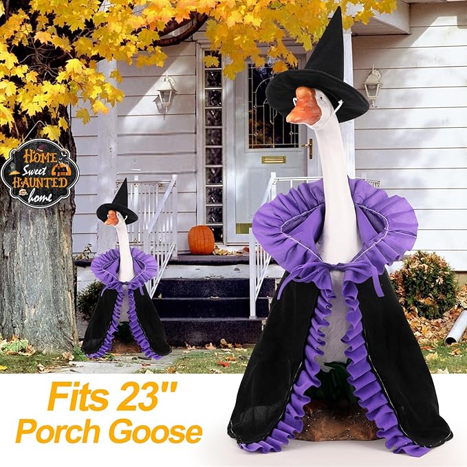 Halloween Porch Goose Outfits Witch with Accessories Yard Garden Lawn Goose Clothes for Plastic Cement Goose Statue 23" Fall Witch Porch Goose Costume Set for Patio Outdoor Decoration