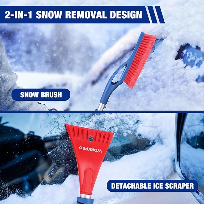 WORKPRO 3-Piece Snow Removal Kit, 47" Detachable Snow Shovel, 27" 2-in-1 Ice Scraper & Snow Brush Tool, Separate Snow Scraper for Car, Truck, Driveway, and Winter Conditions, Storage Bag Included