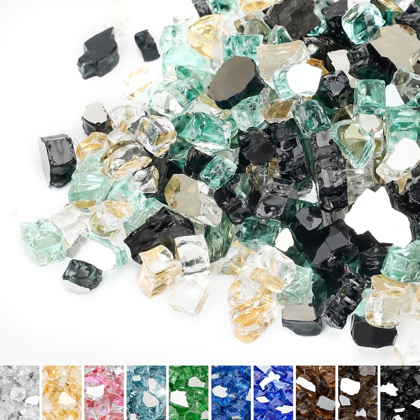 Mr. Fireglass 10 Pounds Blended Fire Glass - 1/4 Inch Mixed Colored High Luster Reflective Tempered Fireglass Rocks for Fireplace Fire Pit Table and Landscaping, Light Green+Onyx Black+Platinum