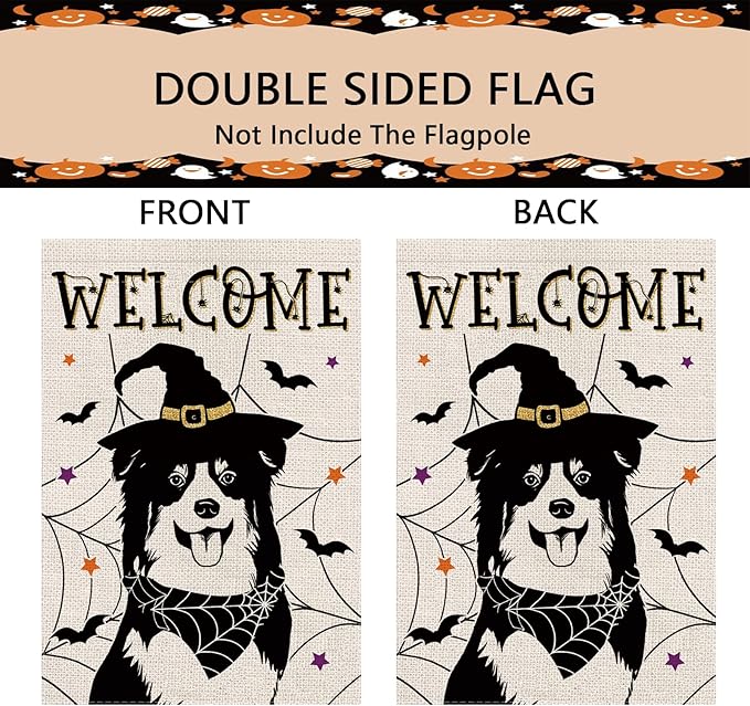 Halloween Garden Flag Australian Shepherd Cobweb Bats Double Sided Vertical Welcome Flag Holiday Outdoor Yard Lawn Decorations 12.5 x 18 Inch