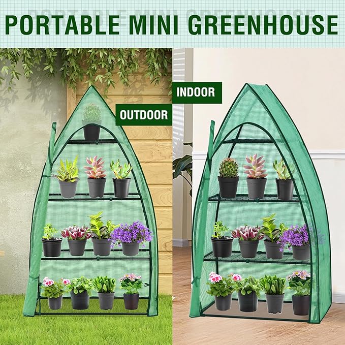 EAGLE PEAK Mini Greenhouse with Wire Shelves, Portable Indoor & Outdoor Green House with Roll-Up Zipper Door, 4 Tier, 35.4”x17.7”x63.0”, Clear/Green PE Cover