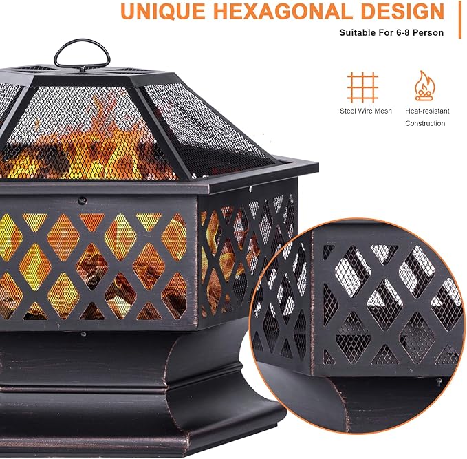 28Inch Outdoor Fire Pit, Hexagon Shaped Wood Burning Firepit for Outside Bonfire, Patio, Backyard and Camping (Antique Bronze)