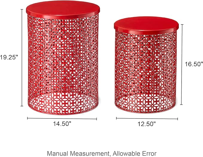 Glitzhome Outdoor Side Table Set of 2, Decorative Garden Stool for Indoor Outdoor Heavy Duty Metal Frame Accent Table Modern End Table, Glossy Red