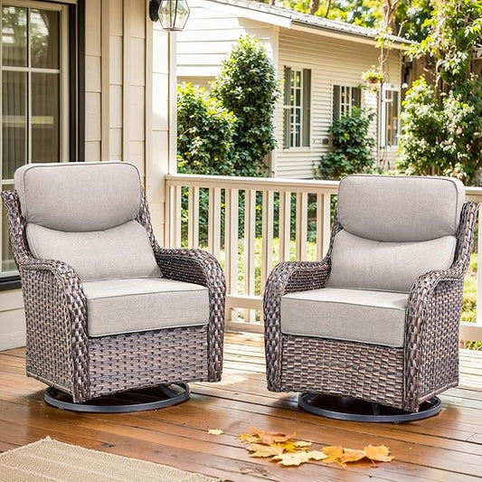 Luxury Outdoor Swivel Rocker Patio Chairs Set of 2, High Back Swivel Patio Chairs with 6-Inch Thick Cushions, Wicker Outdoor Chair for Porch, Patio, Yard, Deck, Poolside, Brown/Beige