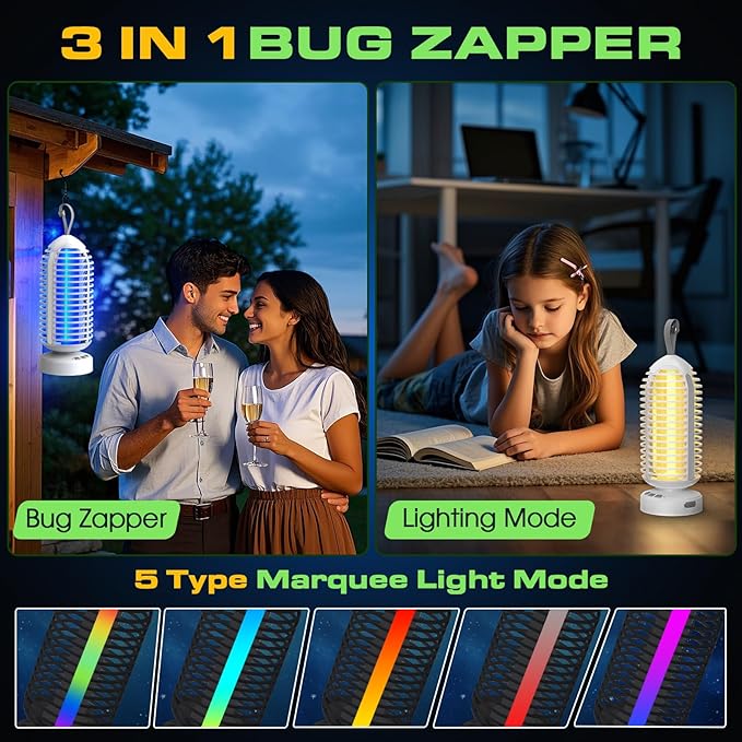 Bug Zapper Outdoor Indoor, 2 Pack Cordless Mosquito Zapper with LED Lights and Marquee Lights, Rechargeable Fly Zapper Outdoor Waterproof for Camping, Patio, Backyard, Garden, Home