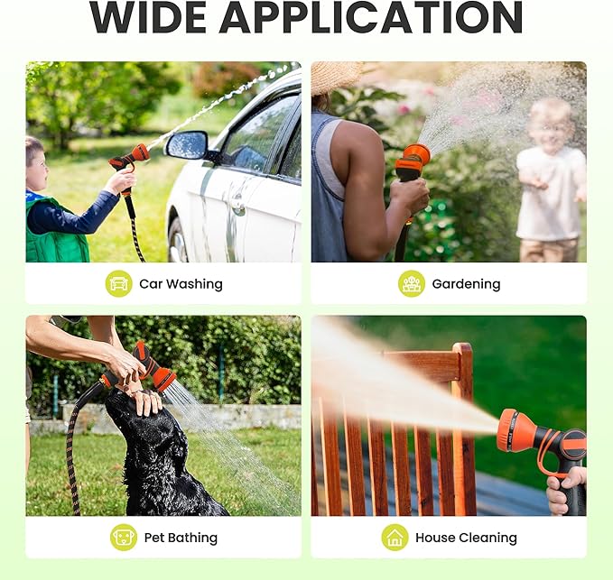 Giraffe Tools Garden Hose 25FT 1/2” Non-Expandable Lightweight Flexible Water Hoses Burst 600 psi with 9 Spray Function Nozzle Heavy Duty Hose