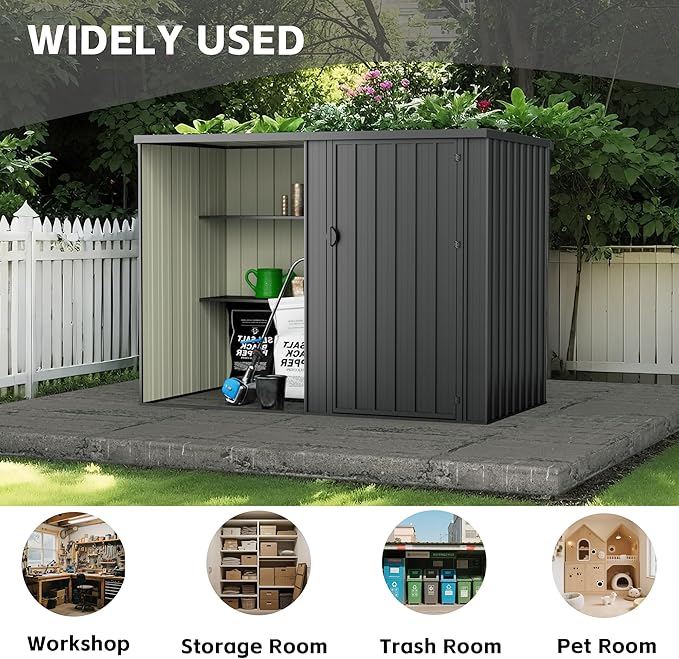 8×4 FT Metal Outdoor Storage Shed with Shelves, Lockable Waterproof Garden Tool Shed, Robust Backyard Patio Shed with Sloped Roof for Lawn Mower, Dark Gray (No Floor)