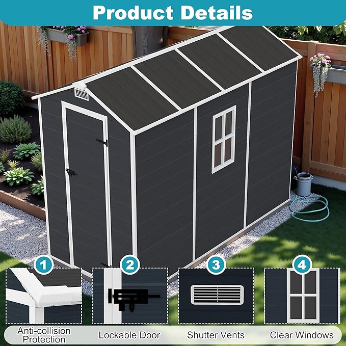 4x8 FT Plastic Outdoor Storage Shed, Resin Plastic Tool Shed with Lockable Doors & Peaked Roof, Garden Shed with Side Window & Floor, for Backyard Garden Patio Lawn, Dark Gray