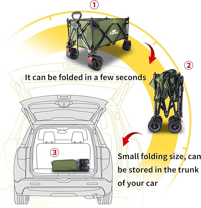 TMZ Collapsible Folding Wagon Cart, Outdoor Utility Garden Cart, Heavy Duty Camping Wagon with Big Wheels, Foldable Wagon for Sports, Shopping, Fishing and Beach-Green